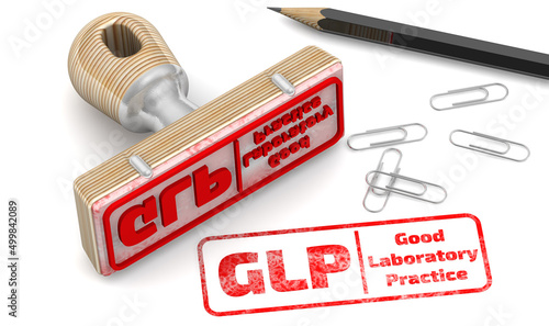 The stamp and red imprint GLP.Good Laboratory Practice on a white surface. 3D illustration