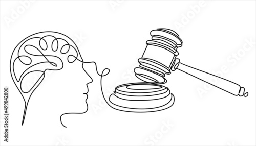 continuous stylized modern drawing of a human head and brain thinking about justice. Time for a fair decision, justice. flat vector linear illustration on a white background. 