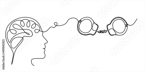 continuous stylized modern drawing of a human head and brain thinking about prison and justice. flat vector linear illustration on a white background. drawing thoughts in a man's head 