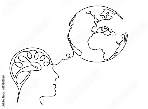 Peace brain concept. Continuous one line drawing of human head with globe inside. Think world.