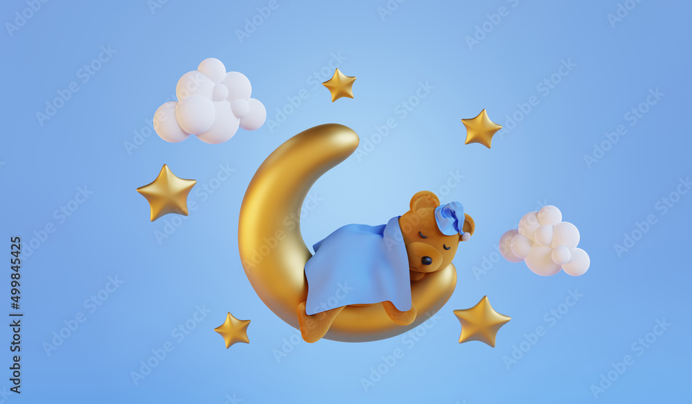Cute little teddy bear sleeping on the moon. 3D render Stock ...