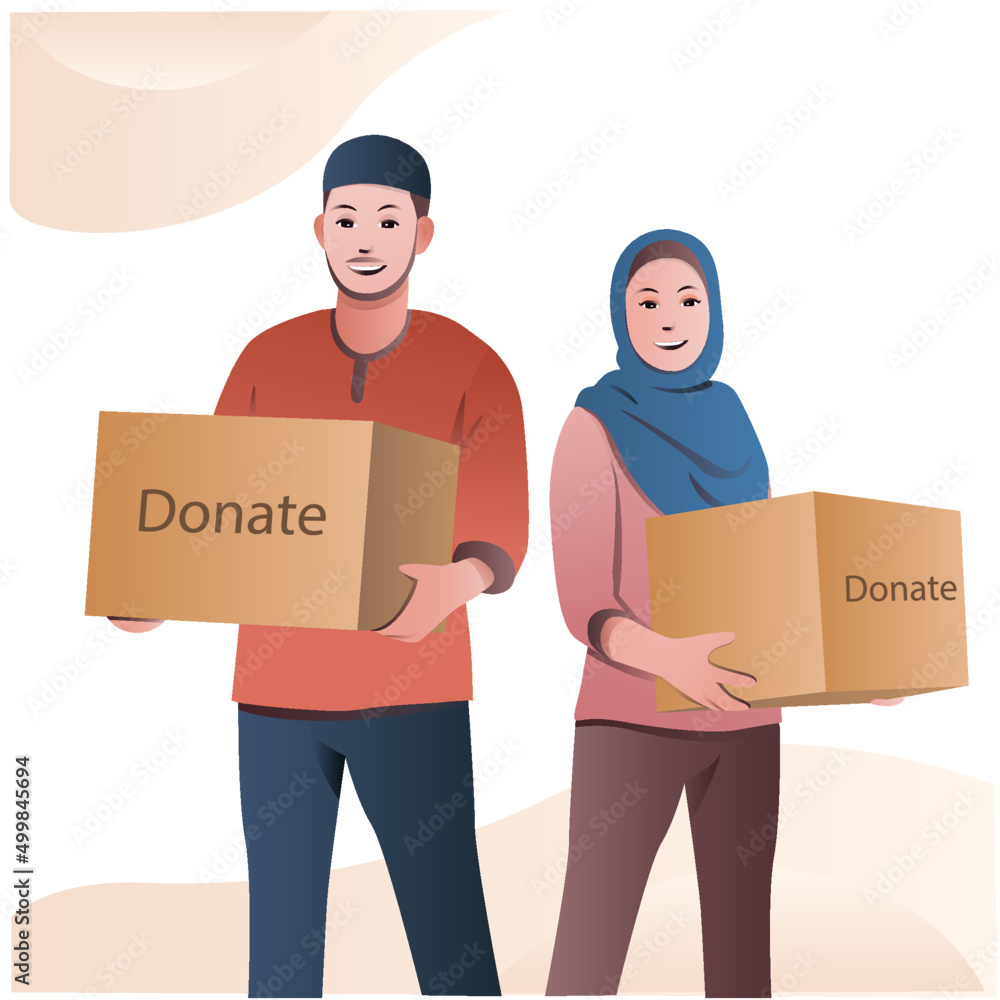 illustration of muslim man and woman carry donation box illustration of muslim man and woman carry donation box