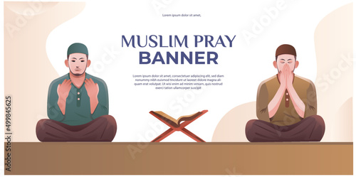 banner of muslim man praying with quran