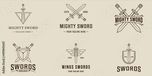 set of sword logo vector line art simple illustration template icon graphic design. bundle collection of various blade or saber sign or symbol for guard and shield concept