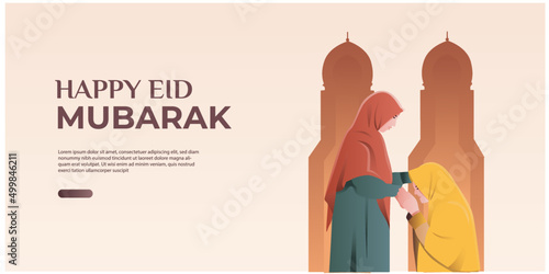 banner of muslim daughter kissing hand of muslim mother on eid al fitr
