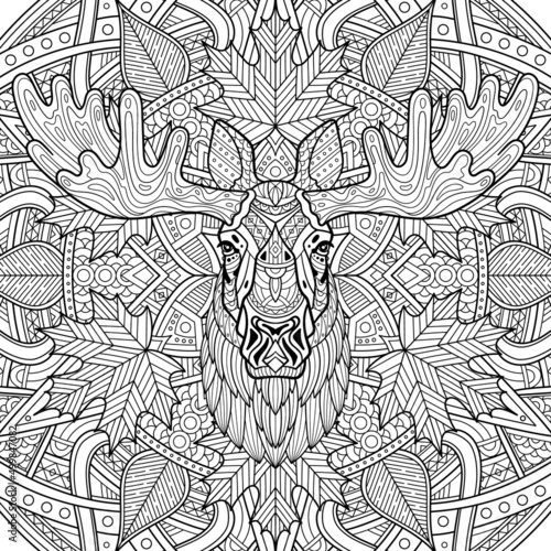 Elk. Moose. Head of a horned elk. Hand-drawn moose portrait. Sketch graphics illustration on ornamental background. Patterned head of an adult animal. Full face. Ethnic motifs. Vector illustration