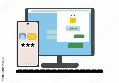 Two-factor authentication security. Login confirmation notification with a message in the envelope with the password code. The lock icons on the PC account.