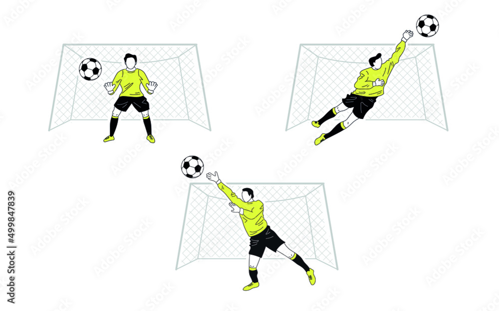 Set of football, soccer goalkeepers in motion. Flat cartoon minimalistic players in black and yellow colours. Lively figures in different poses in the gate. Set of football, soccer goalkeepers in motion. Flat cartoon minimalistic players in black and yellow colours. Lively figures in different poses in the gate.