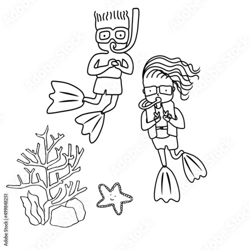 Hand drawn boy and girl diving under the ocean. Vector illustration on white background