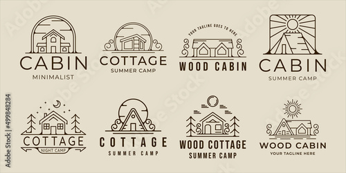 set of cabin or cottage logo line art simple minimalist vector illustration template icon graphic design.bundle collection outdoor adventure emblem for nature concept with badge and typography