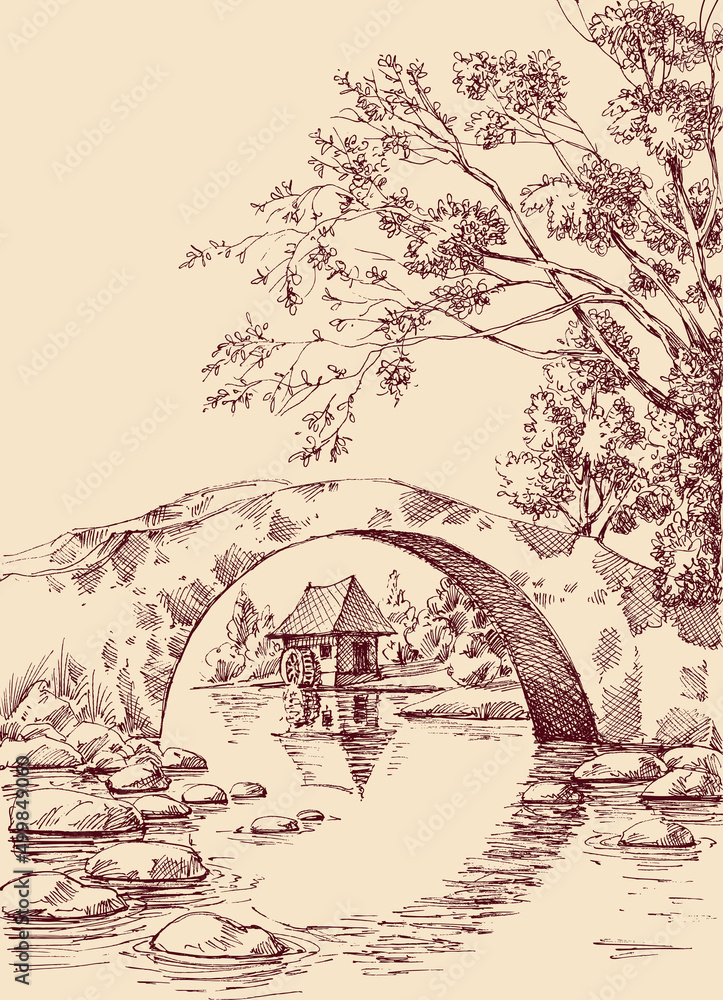 Naklejka premium Stone bridge over river landscape and a water mill hand drawing