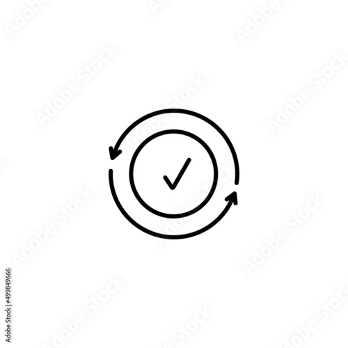 Black round checking process sync approved icon, simple turning arrows syncing flat design pictogram vector for app logo ads web webpage button ui ux interface elements isolated on white background