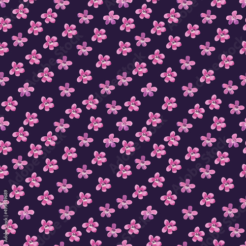 Seamless pattern with pink flowers. Watercolor hand painted illustration on purple. Great for fabrics, wrapping papers, wallpapers, covers. Summer textile print.