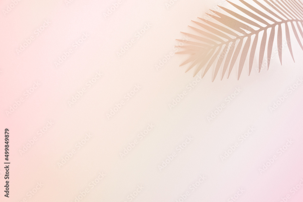 Tropical Leaf on a Pink-Beige Gradient Background. Simple Modern Composition with Paper Cut Palm Tree Leaf ideal for Banner, Card, Greetings. Top-Down View. No text.