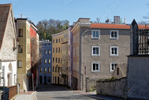 City view of Wasserburg am Inn. A street in the historic old town.