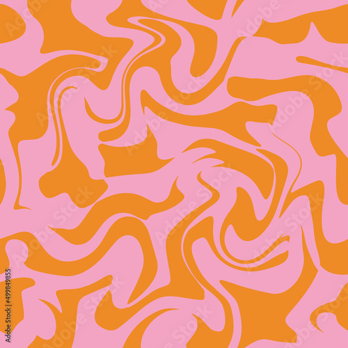 1970 Wavy Swirl Seamless Pattern in Pink and Orange Colors. Hand-Drawn Vector Illustration. Seventies Style, Groovy Background, Wallpaper, Print. Flat Design, Hippie Aesthetic.