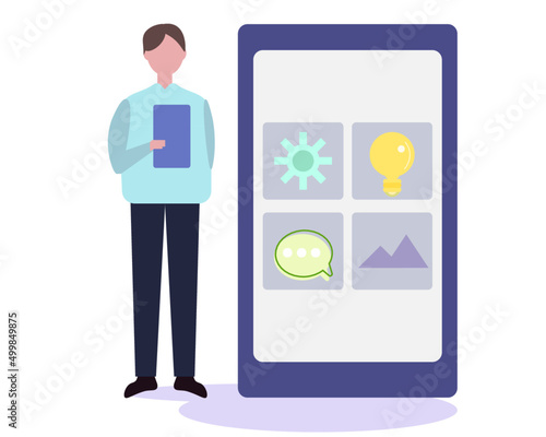 スマホと男性 スマホ・携帯のシステムや設定を操作する男性。大きいスマホ 。ベクターイラスト