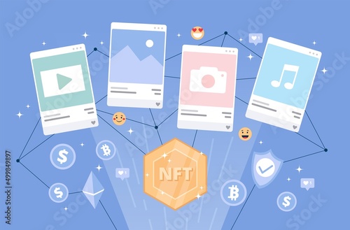 NFT token concept - digital goods trading. Crypto currency icons amd emoji icons. Vector illusration in flat cartoon style