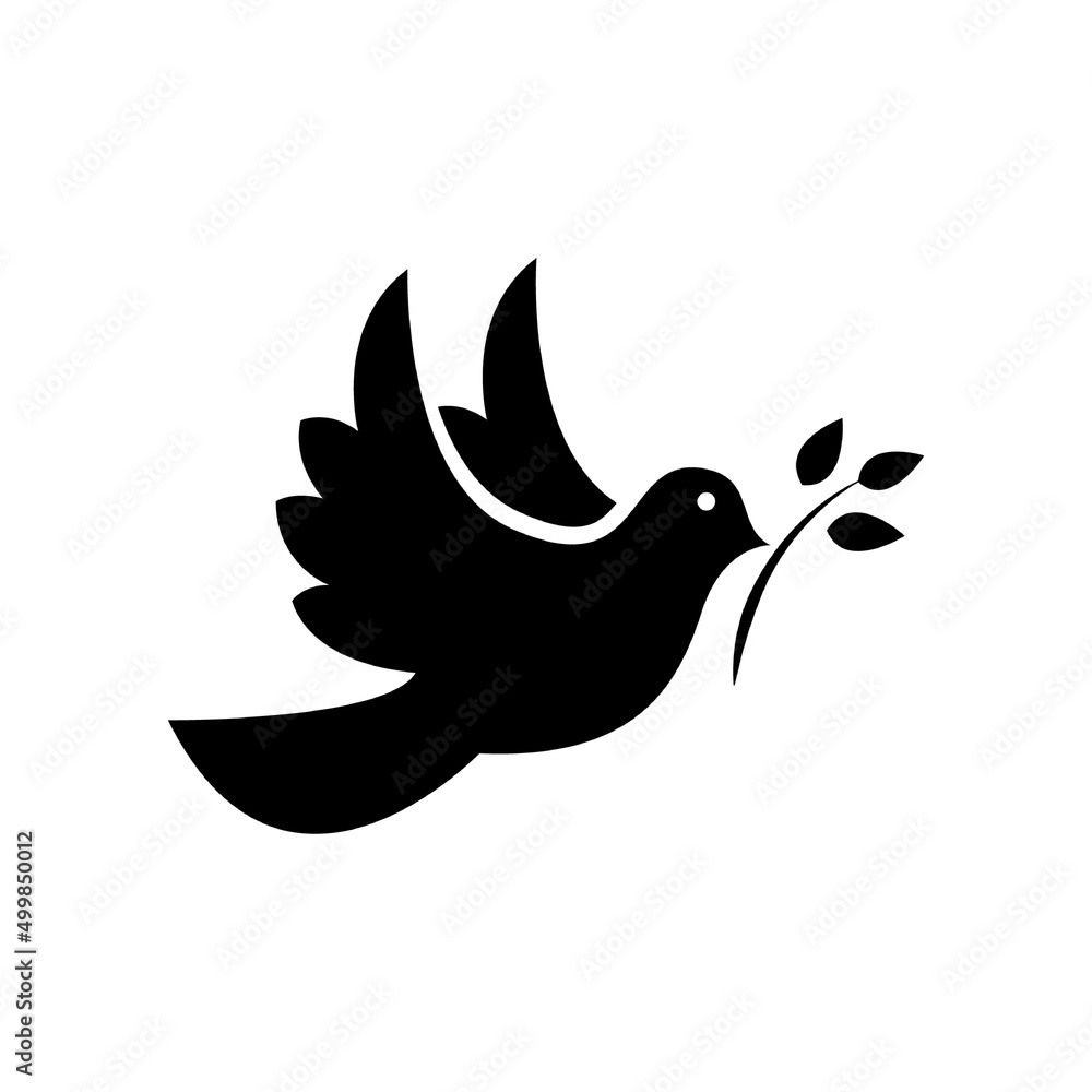 Black dove icon. Peace symbol. Flying pigeon with branch icon. Vector