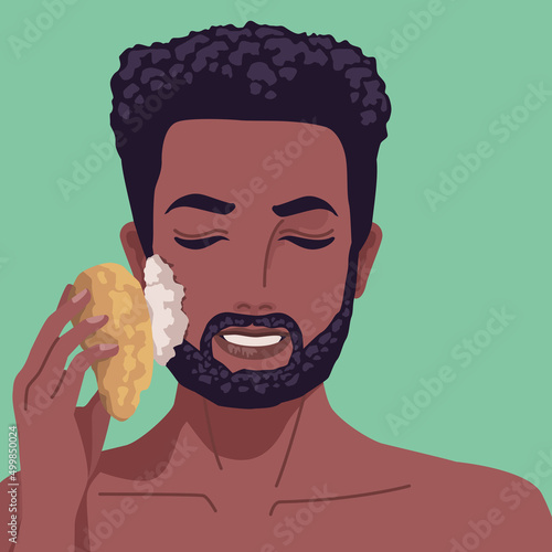 afro bearded man cleaning face scene