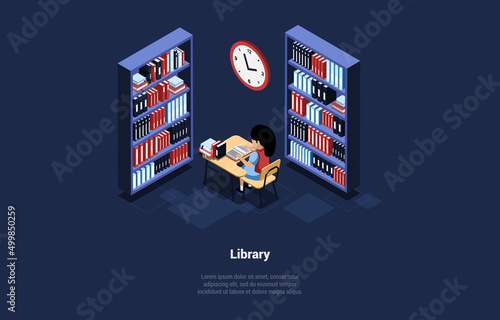 Concept Of Self Education And Library. Female Student Sitting At The Desk Il Library And Reading Book. Modern Library Interior With Bookshelves With Lots Of Books. Isometric 3d Vector Illustration