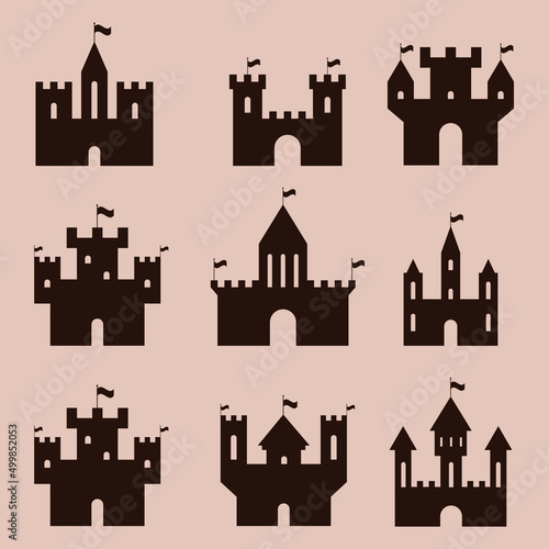 Historic vector castle. Set of medieval buildings. Vintage towers and castles. Ancient architecture. Kingdom castle.