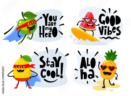 Fun fruits vector. Hero apple, cute pineapple character