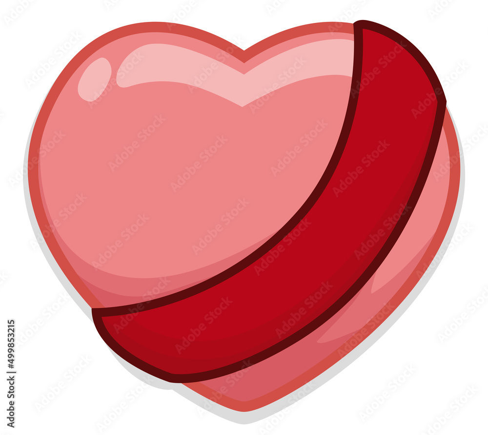 Pink heart covered with red ribbon in cartoon style, Vector illustration Pink heart covered with red ribbon in cartoon style, Vector illustration