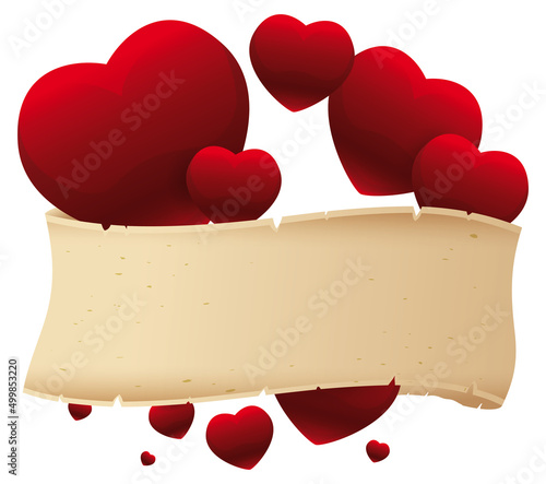 Red hearts floating behind scroll template, Vector illustration