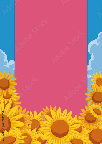 Beautiful view of clouds, sunflower and pink label template, Vector illustration