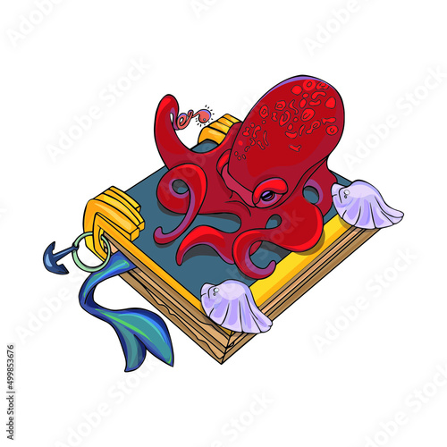 Vector illustration of a fantastic book with sea animals. Playful, fabulous design for printing, logo, icon, for designers as a blank