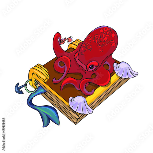 Vector illustration of a fantastic book with sea animals. Playful, fabulous design for printing, logo, icon, for designers as a blank