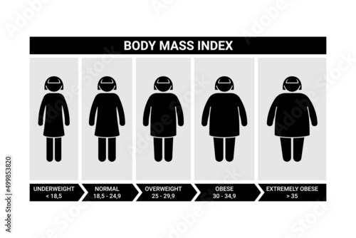 Stick figure woman body mass index vector illustration set. Female bmi infographic chart icon silhouette pictogram on white background
