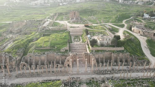 Aerial view over Jerash archeological site ancient Greco-Roman city in Jordan photo