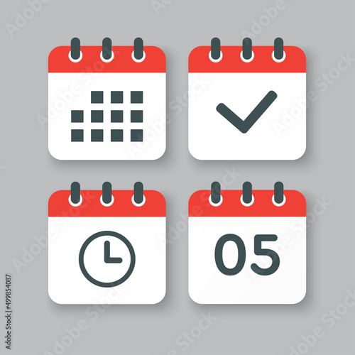 Icons calendar number 5, agenda app, timer, done