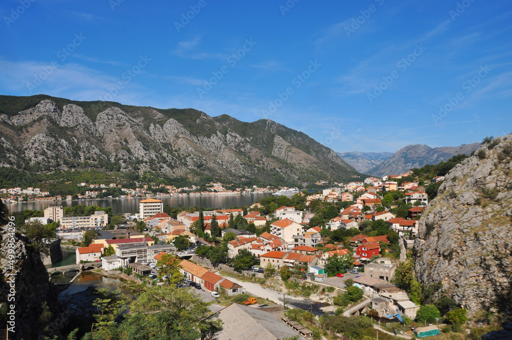 nice top view of kotor bay in montenegro summer, autumn beautiful old town