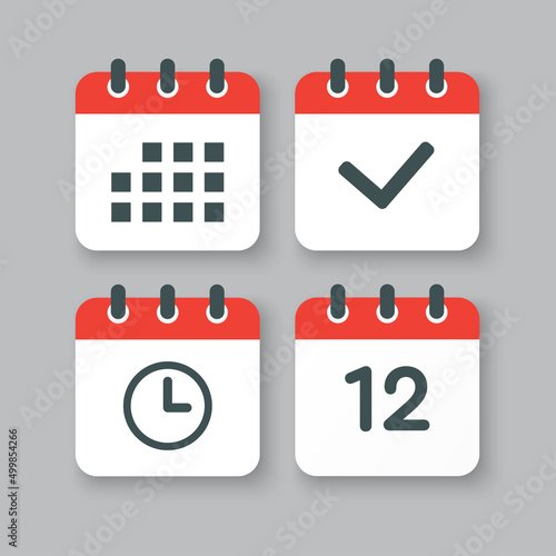 Icons calendar number 12, agenda app, timer, done