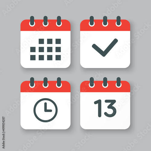 Icons calendar number 13, agenda app, timer, done