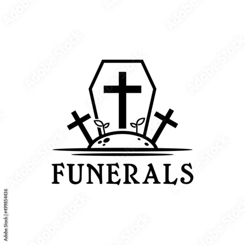 Funeral Cemetery Logo With Cross And Coffin Design Inspiration