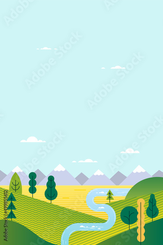 Mountains landscape  sunrise scene in nature with mountains and forest  silhouettes of trees. Hiking tourism. Adventure. Minimalist graphic flyers. Polygonal flat design for coupon  voucher  gift card
