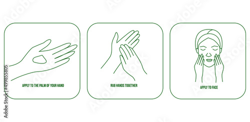 Steps how to apply facial serum and moisturizer apply to the palm of the hand, rub hands together and apply to the face icon vector illustration 