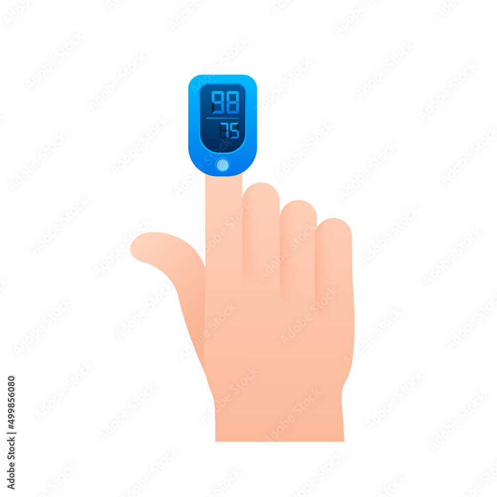 Oximeter with normal value. Health care for blood saturation test. Coronavirus prevention. Vector stock illustration. Oximeter with normal value. Health care for blood saturation test. Coronavirus prevention. Vector stock illustration.