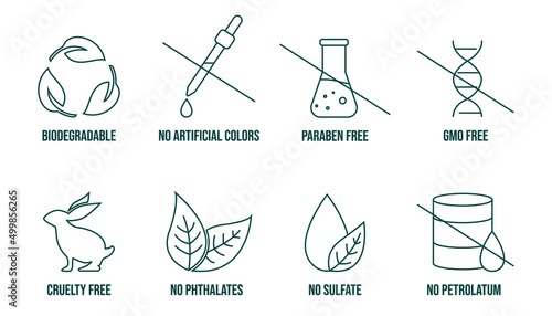 styling gel packaging and amazon listing icon set biodegradable, no artificial colors, paraben-free, gmo-free, cruelty-free, no phthalates, no sulfate, no petrolatum vector illustration 