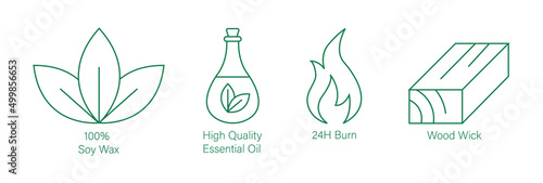 100% soy wax, high-quality essential oil, 24hour burn, wood wick, candles icon set vector illustration 