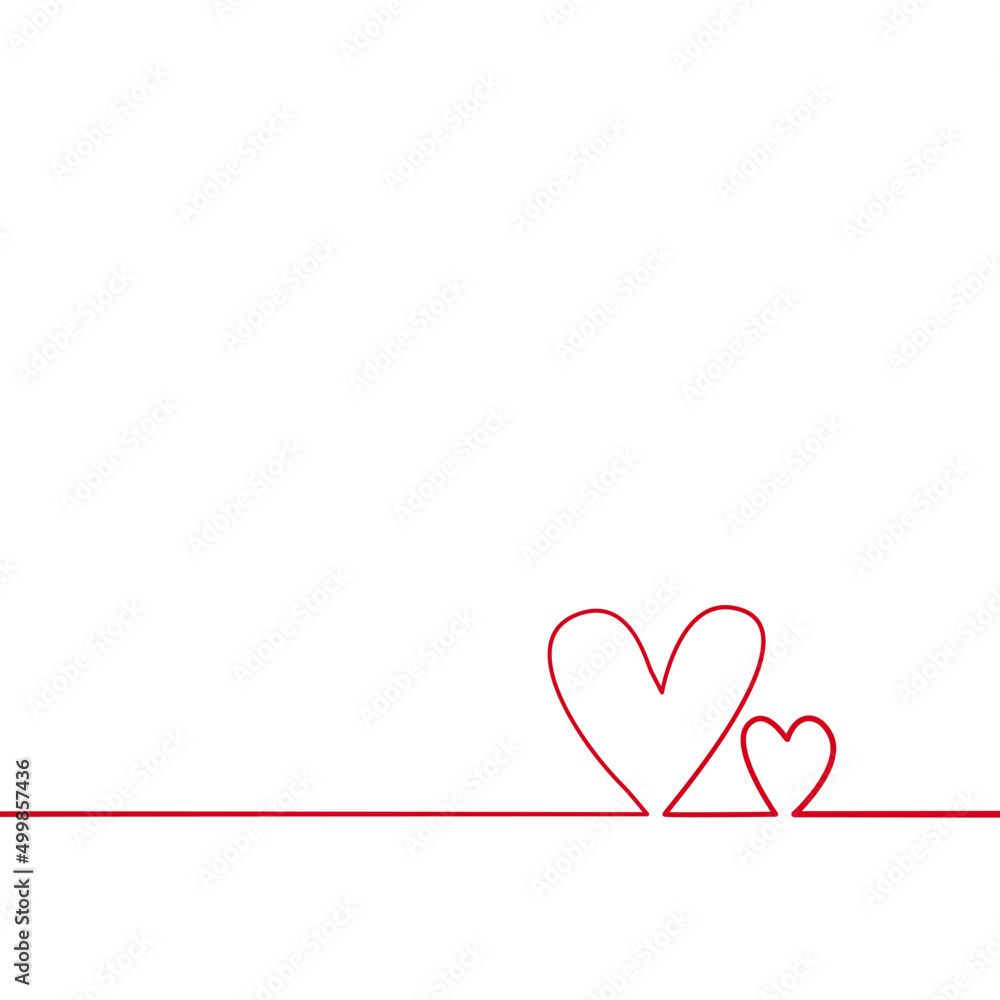 Continuous line red heart drawing on white background