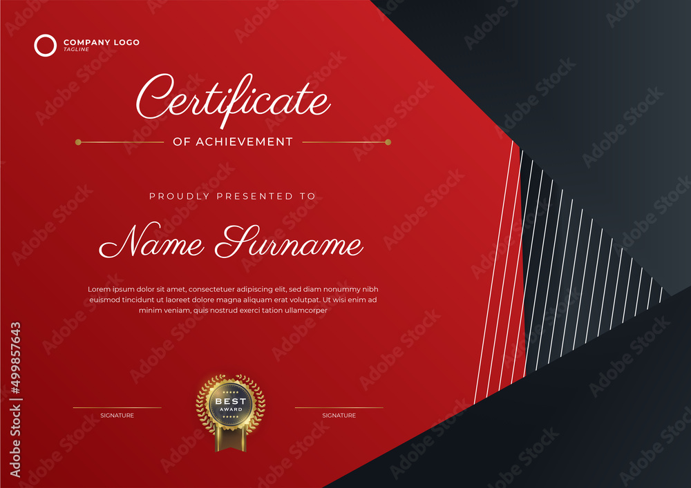 Modern red certificate template and border, for award, diploma, and printing. Black and gold