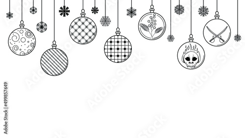 Black Doodle Outline Simple Line Abstract Maerry Christmas Xmas Balls With Snowflakes Holiday Decorations Happy New Year Background Vector Design Style
