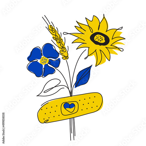 Vector illustration bouquet with plaster in nationality Ukrainian flag color. Global politics, NO WAR, aggression problem picture in continuous line art style