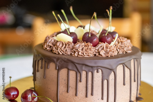 Vegan gluten-free cherry cake with chocolate glaze