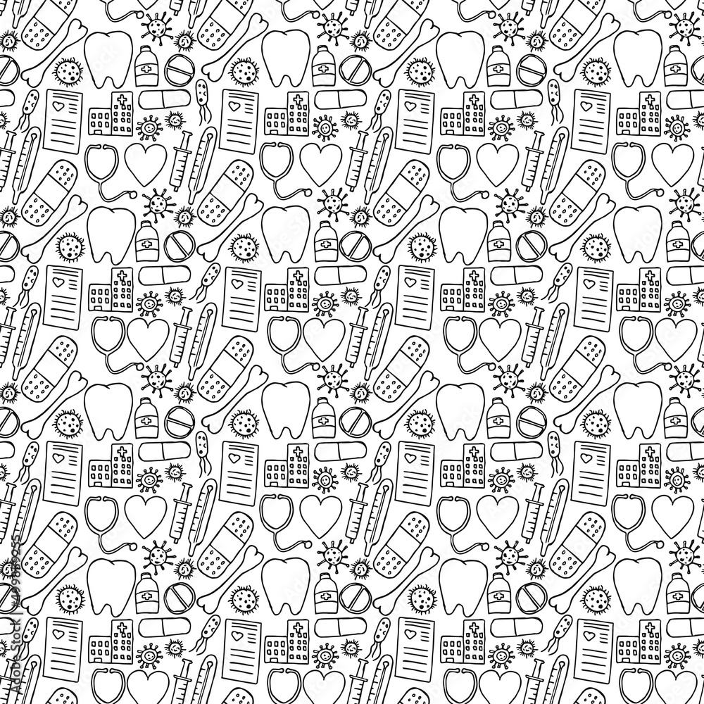 seamless pattern with icons on the theme of medicine. Doodle vector with medicine icons on white background.Vintage medicine icons